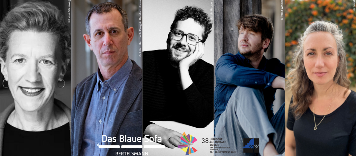 image with the authors: Christiane Wirtz, Assaf Gavron, Henrik Szántó, Dmitrij Kapitelman und Sarah Levy - Logo Blue Sofa and Logo Days of the Jewish Culture